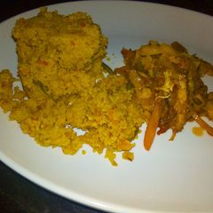 A picture of Cous Cous with cabbage sauce.