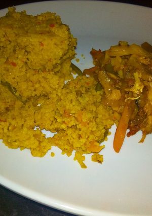 A picture of Cous Cous with cabbage sauce.