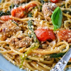 A picture of Creamy Italian Sausage & Tomato Spaghetti.