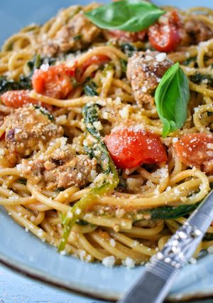 A picture of Creamy Italian Sausage & Tomato Spaghetti.