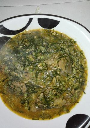 A picture of Okro soup with okazi.
