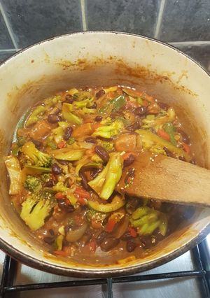 A picture of Vegan chorizo and veggie stew.