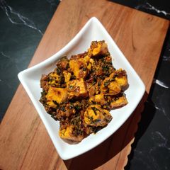 A picture of FETA CHEESE DRY CURRY with METHI LEAVES.