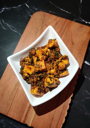 A picture of FETA CHEESE DRY CURRY with METHI LEAVES.