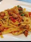 Fettuccine con Salsiccia, Funghi Porcini e Pomodori