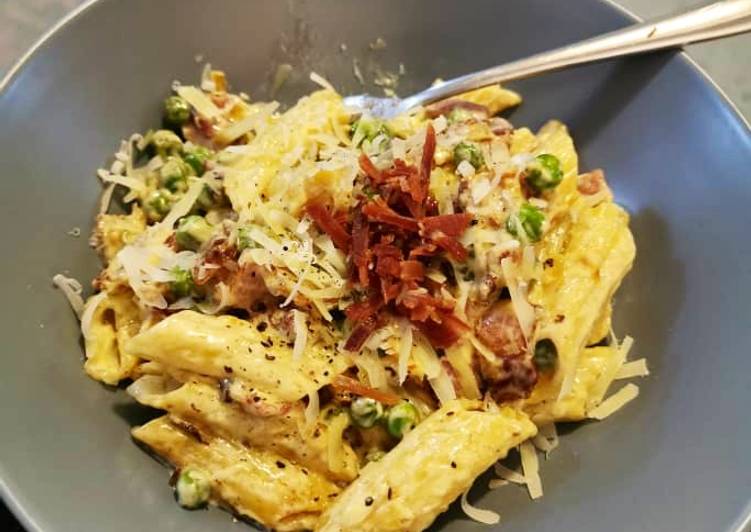 Steps to Make Speedy Bacon and Pea Pasta
