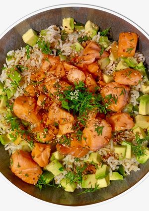 Une photo de Rice bowl au saumon mi-cuit