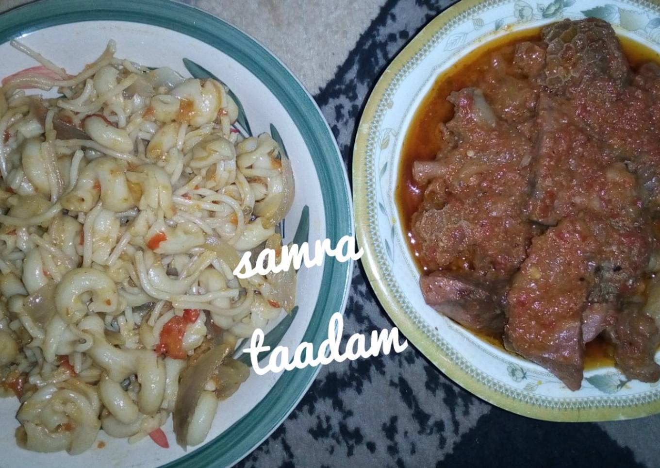 Jollof macaroni with stew