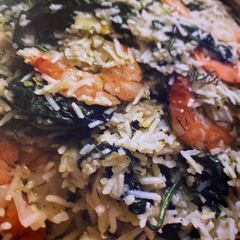 A picture of Greek-Style Spinach Rice with Shrimp and Dill.