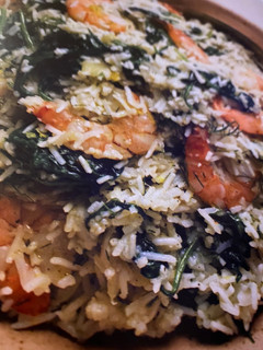 A picture of Greek-Style Spinach Rice with Shrimp and Dill.