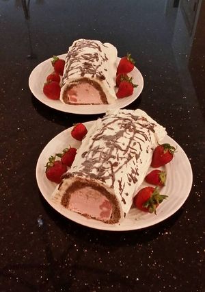 A picture of Chocolate Strawberry Ice Cream Cake Roll.