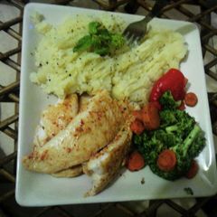 Steamed Basa with Mashed potatoes,Brocolli and baby carrots A picture of Steamed Basa with Mashed potatoes,Brocolli and baby carrots.
