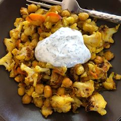 Roasted cauliflower and chickpeas A picture of Roasted cauliflower and chickpeas.