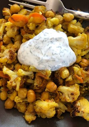 A picture of Roasted cauliflower and chickpeas.