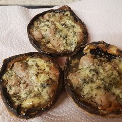 A picture of My Mushrooms stuffed with Sausage meat and Blue Stilton cheese.