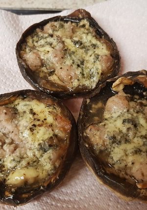 A picture of My Mushrooms stuffed with Sausage meat and Blue Stilton cheese.