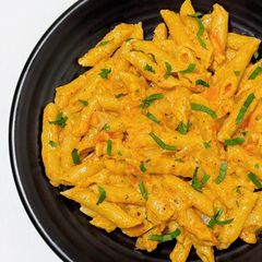 Penne in Vegan Red Hot Alfredo Sauce A picture of Penne in Vegan Red Hot Alfredo Sauce.