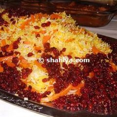 A picture of Shirin-Polow, Iranian Sweet Rice and Chicken.