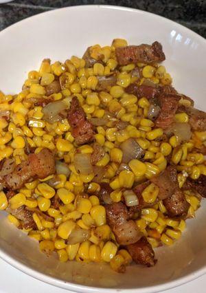 A picture of Country Style Corn and Pork Belly/Bacon.