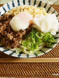 A picture of Authentic Sanuki Udon with Warm Egg and Meat.