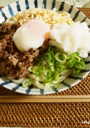 A picture of Authentic Sanuki Udon with Warm Egg and Beef (Niku Bukkake Udon).