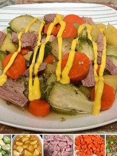A picture of Corn beef and brussels sprouts.