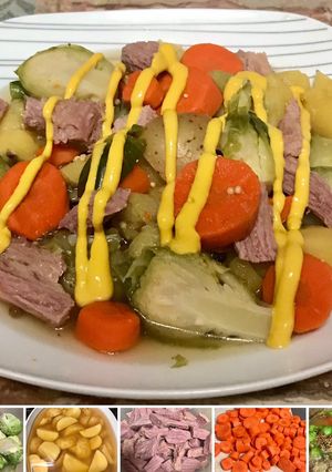 A picture of Corn beef and brussels sprouts.