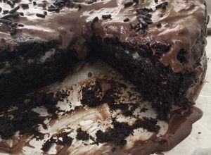 Una foto de Pastel de chocolate oscuro relleno de manjar de lechera con menta