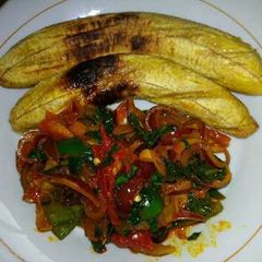 A picture of Oven Grilled Plantain and Utazi Sauce.