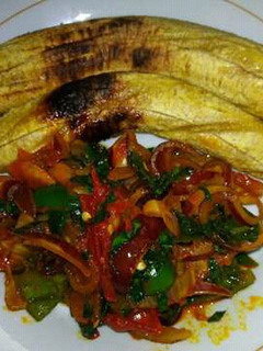 A picture of Oven Grilled Plantain and Utazi Sauce.