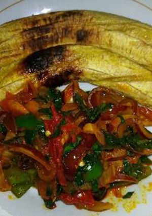 A picture of Oven Grilled Plantain and Utazi Sauce.