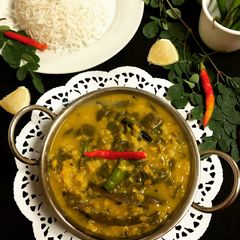 Sojne Pata diye Bhaja Muger Dal (Drumstick Dal - Bengali Style) A picture of Sojne Pata diye Bhaja Muger Dal (Drumstick Dal - Bengali Style).
