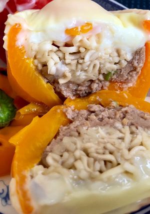 A picture of Stir-Fried Instant Noodles Stuffed Bell Peppers.
