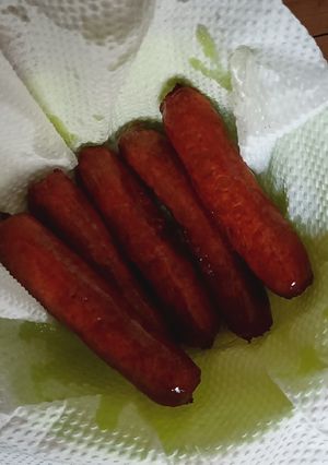 A picture of Sumptuos Fried Beef Sausages using very little oil.
