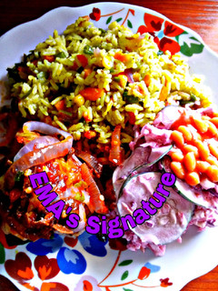 A picture of EMA's Fried Rice and Beetroot Coleslaw.