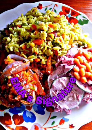 A picture of EMA's Fried Rice and Beetroot Coleslaw.