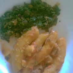 A picture of Cooked bananas  and  steamed  kales.