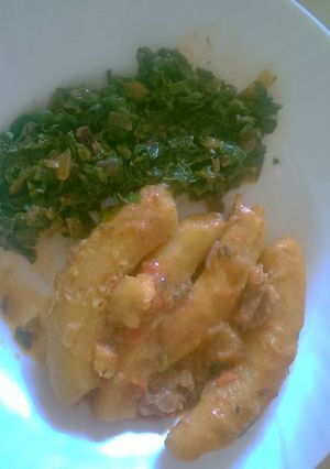 A picture of Cooked bananas  and  steamed  kales.