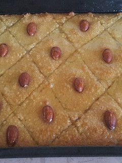 A picture of Basbousa (middle eastern sweet cake).
