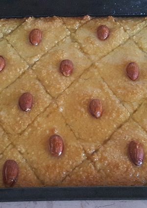 A picture of Basbousa (middle eastern sweet cake).