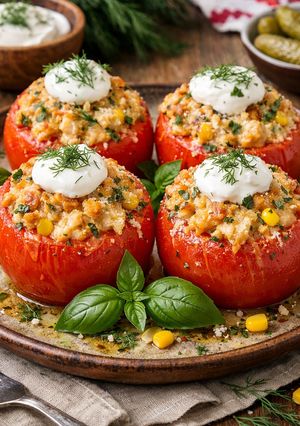 Foto de Tomate Recheado de Frango com Queijo, Especiarias Italianas e Toque Brasileiro-Ucraniano