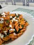 Red Lentil Pasta with Pumpkin Cream, Spinach, and Feta