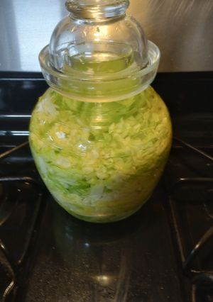 A picture of Homemade Sauerkraut in Fermentation Jar.
