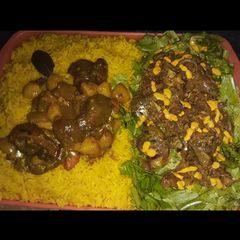 A picture of Turmeric rice with vegetable soup and salad.