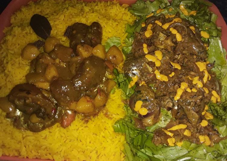 Turmeric rice with vegetable soup and salad