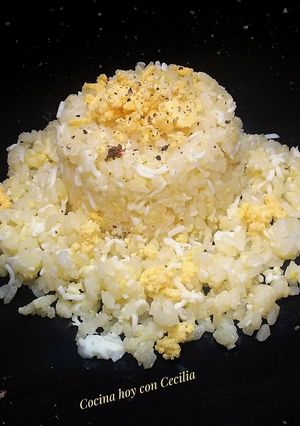 A picture of Rice with Hard-Boiled Eggs and Cheese.