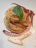 Spaghetti with Green Onion Cream and Squid in Anchovy Butter