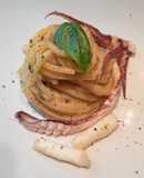 Spaghetti with Green Onion Cream and Squid in Anchovy Butter