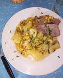 Colita cuadril con papas y maíz en wok