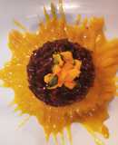Chocolate risotto with mango salsa & mango puree